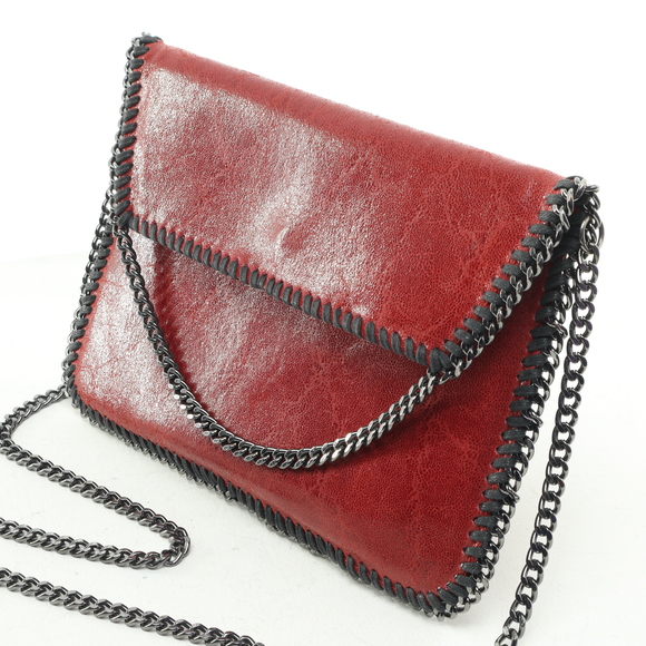 Vera Pelle Leather Chain Handle & Trim Purse Crossbody Bag 10x7x1 Red/Black - Picture 4 of 11